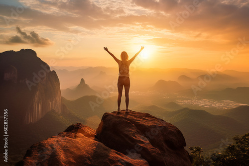 Successful women have attained peaks of personal growth and development. Woman on top of the mountain with arms open with sunrise success in business leadership winner on top,Generative AI