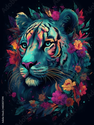 Detailed illustration of a tiger in neon bright colors on a black background