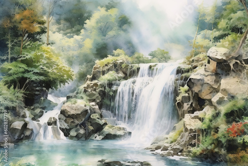 Watercolor waterfall landscape, ai generated