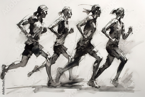 Running women, in silhouette, side view. Charcoal drawing, generative art