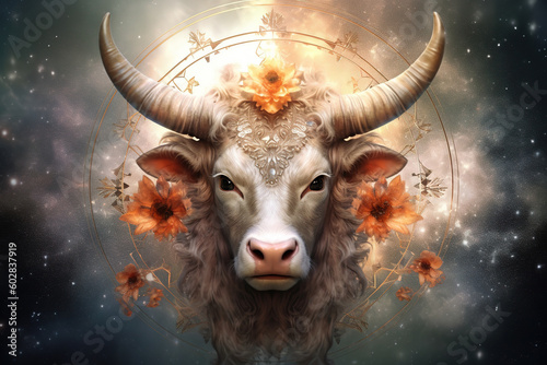Saint cow  oriental style portrait. Stunning art generated by Ai