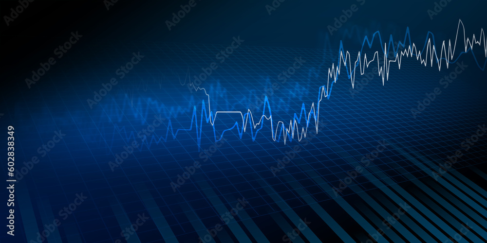 Naklejka premium Economic trends business idea and all art work design. Closeup financial chart with uptrend line graph in stock market on blue color monitor background. Finance and economic Blue stock exchange market