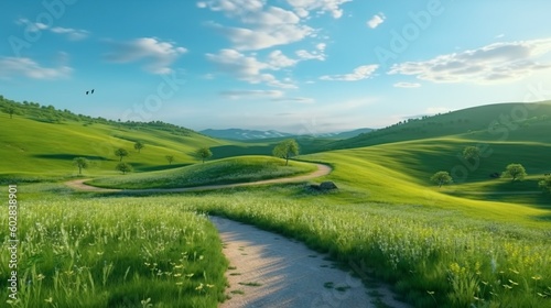 Picturesque winding path through a green grass field in hilly area in morning at dawn against blue sky with clouds. Natural panoramic spring summer