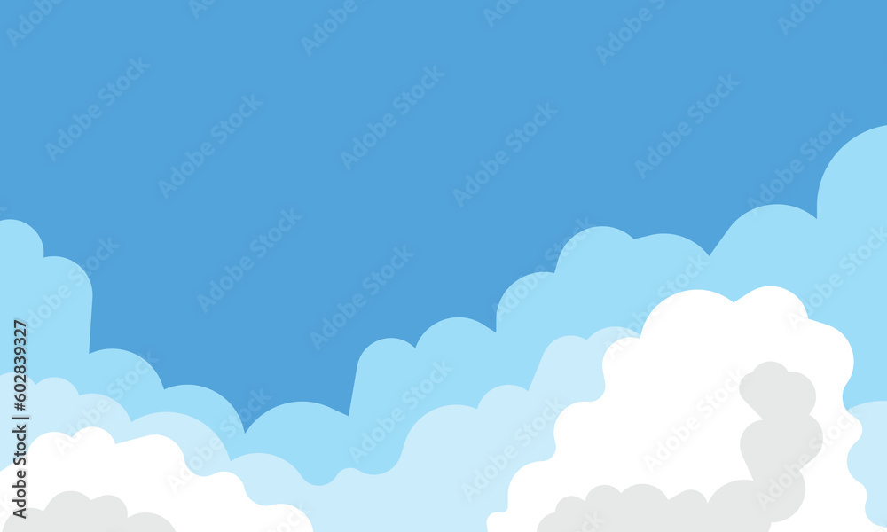 Blue sky with white clouds background. Cloud border. Simple cartoon design. Flat style vector illustration.	