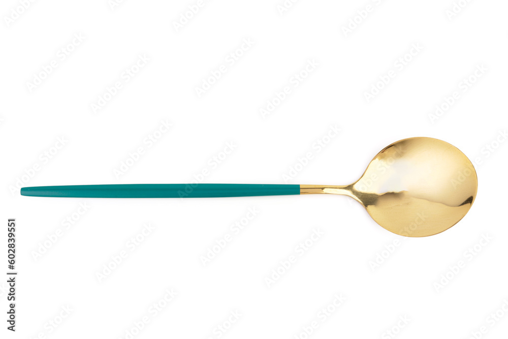 Golden spoon with blue handle on white background Golden spoon with blue handle on white background