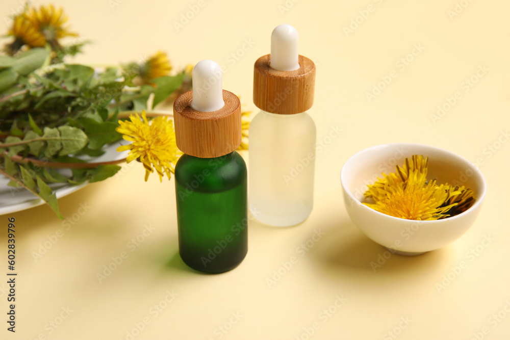 Bottles with cosmetic oil and plate of dandelion flowers on beige background Bottles with cosmetic oil and plate of dandelion flowers on beige background