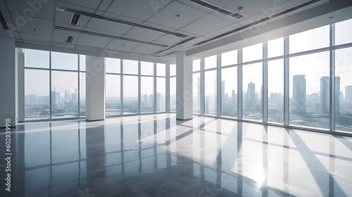 Empty modern office interior with big glass with and skyline view created with Generative AI