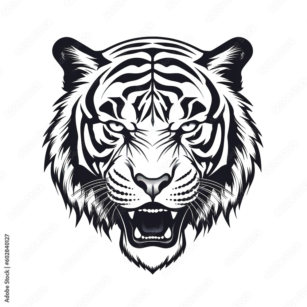 Tiger head, cartoon style, white isolated background PNG