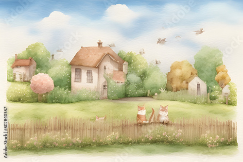 landscape with  houses, Cats , Birds and trees photo
