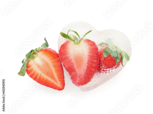 Fresh strawberry frozen in ice on white background