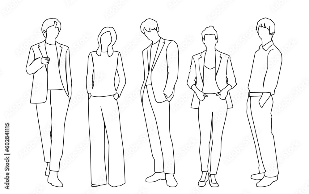 Vector silhouettes of  men and a women, a group of standing  business people,  linear sketch, black and white color isolated on white background