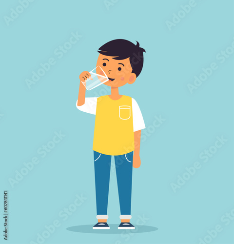 Boy drinking water, vector illustration. Thirsty child