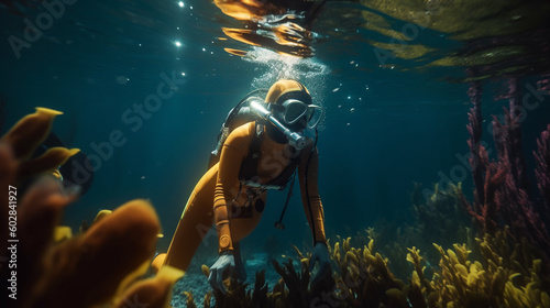 Wallpaper Mural Girl scuba diver diving on tropical reef with blue background and reef fish. Generative ai Torontodigital.ca