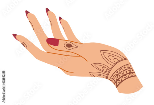 Hand with manicured nails and henna drawing design photo
