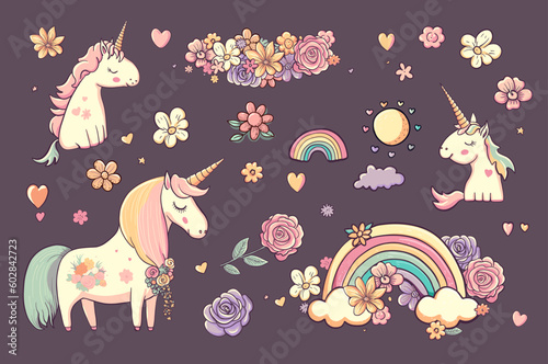 Cute unicorn set with rainbow, rose, flowers, sun, hearts. Childish style adorable magic animals. Vintage cartoon character pony collection for romantic unicorns design