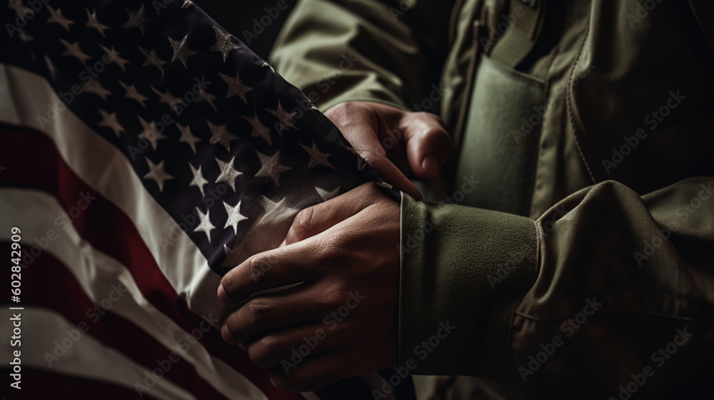 American flag held by a soldier. Generative ai.