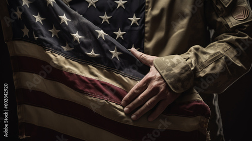 American flag held by a soldier. Generative ai.