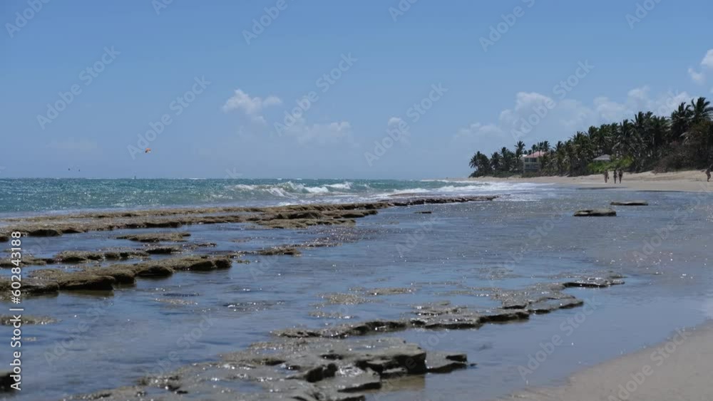 Tropical beach, turquoise sea water, ocean wave, yellow sand, green palm trees, sunny blue sky, white clouds, beautiful seascape, summer holidays, holidays on exotic islands, travel Tropical beach, turquoise sea water, ocean wave, yellow sand, green palm trees, sunny blue sky, white clouds, beautiful seascape, summer holidays, holidays on exotic islands, travel