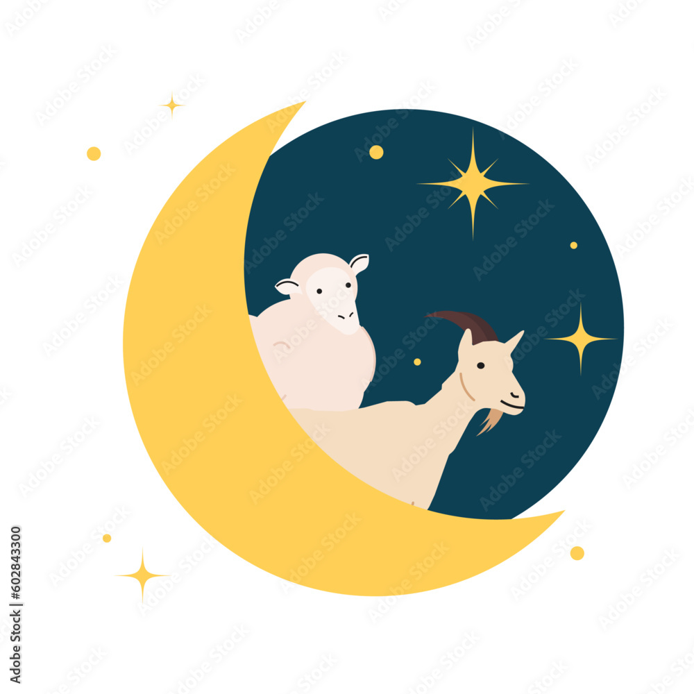 goat sheep on a crescent moon for eid al adha greetings in flat illustration