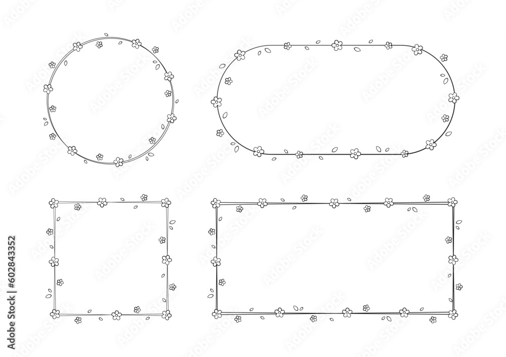 Floral Frame Outline Doodle Set. Spring border template, flourish design element for wedding, greeting card.