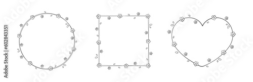 Floral Frame Outline Doodle Set. Botanical border template, flourish design element for wedding, greeting card.
