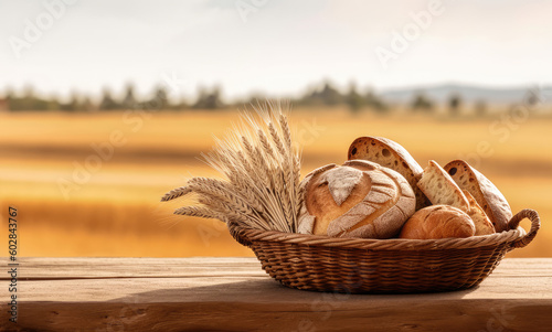 Various bread in the basket on wooden table, wheat field on background, Generative AI