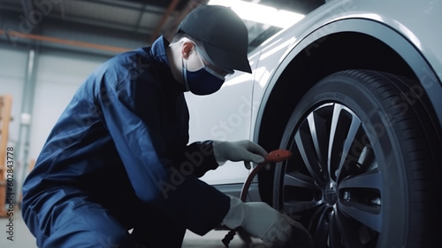 Man testing technical condition of car wheel. Generative Ai