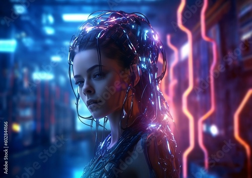 Cyborg woman with a visible detailed brain on cyberpunk background with pink neon lights created with Generative AI technology photo