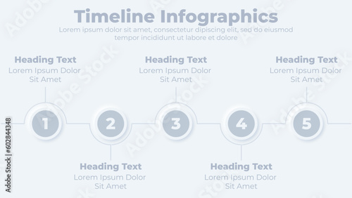 Timeline 5 steps neumorphic business infographic presentation slide template