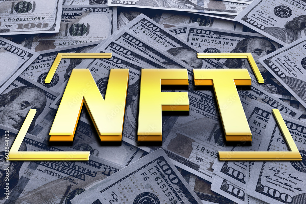 Golden abbreviation NFT (non-fungible token) over dollar banknotes - obrazy, fototapety, plakaty 