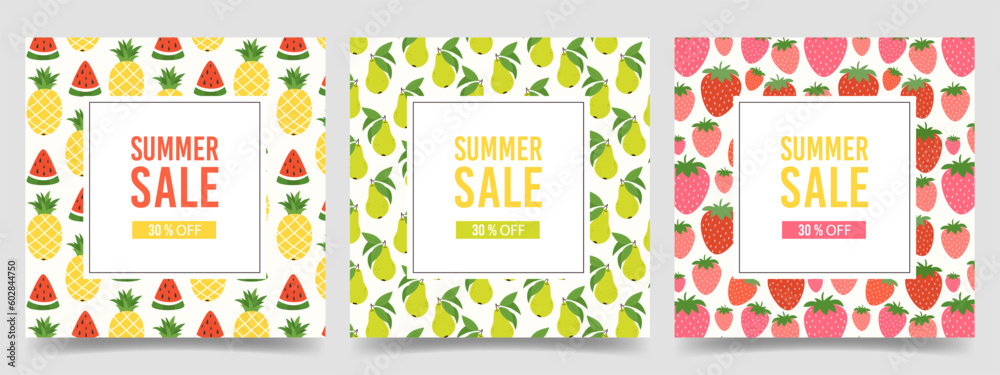Set of square banner templates Summer Sale promotion. Advertisement cards with tropical Fruit, Strawberry pattern design for market, store. Flat colorful vector illustration Set of square banner templates Summer Sale promotion. Advertisement cards with tropical Fruit, Strawberry pattern design for market, store. Flat colorful vector illustration