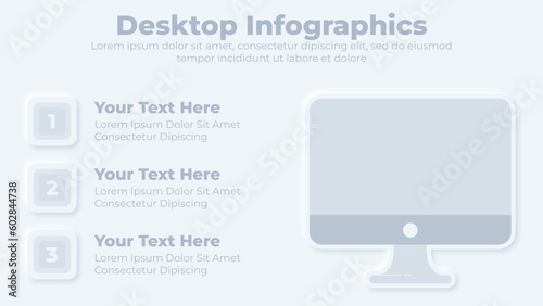 Neumorphic desktop monitor infographic presentation template