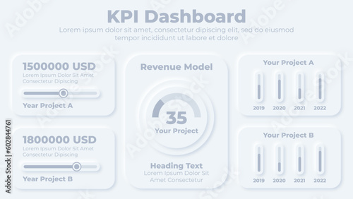 Neumorphic kpi dashboard and graphical chart elements infographic presentation template