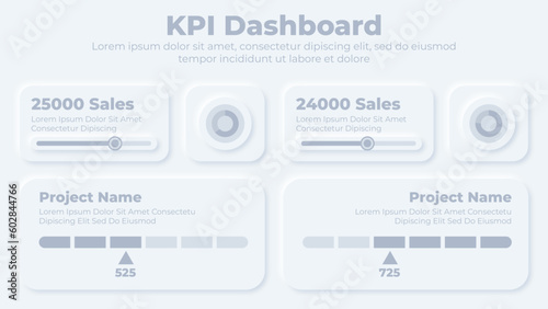 Neumorphic kpi dashboard and graphical chart elements infographic presentation template
