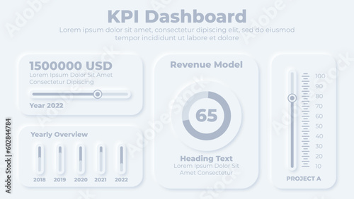 Neumorphic kpi dashboard and graphical chart elements infographic presentation template photo