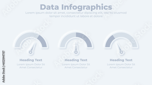 Neumorphic percentage meter and graphical chart elements infographic presentation template