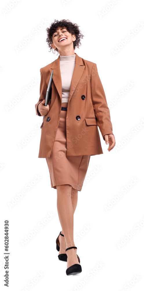 Beautiful happy businesswoman with laptop walking on white background Beautiful happy businesswoman with laptop walking on white background
