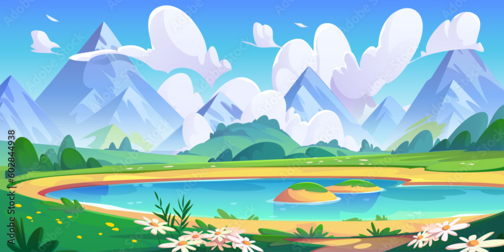 Lake and spring flower field mountain vector landscape. Cartoon nature scene with cloud, green grass and water. Cute picturesque outdoor alps environment with meadow and hill in park on sunny weather.