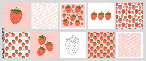 Big Set of square cards, wallpaper templates with Strawberry. Line Art Design with Summer red berry. Seamless pattern, quote, different collection posters. Colorful vector illustrations