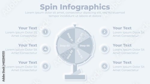 Neumorphic spinning wheel and rewards infographic with 6 steps presentation template