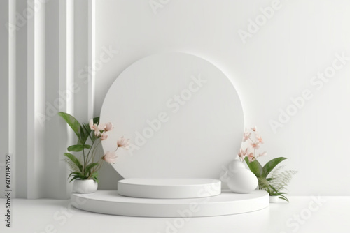Tropical leaves podium isolated on white background abstract. summer product display 3D rendering. Generative Ai.  