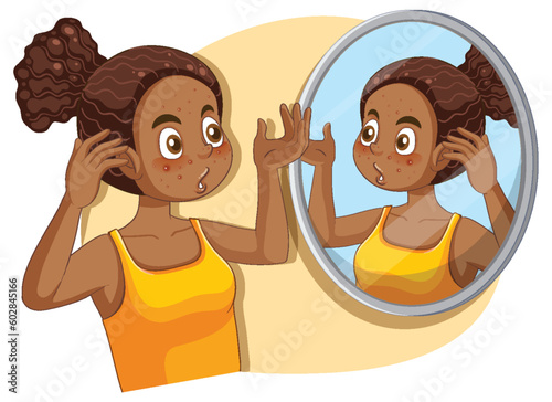 Teenage Girl with Acne Problem Examining Her Skin in the Mirror