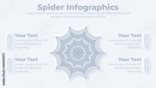 Neumorphic creative spider web infographic with 4 steps presentation slide