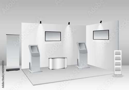 set of realistic trade exhibition stand or white blank exhibition kiosk or stand booth corporate commercial. eps vector