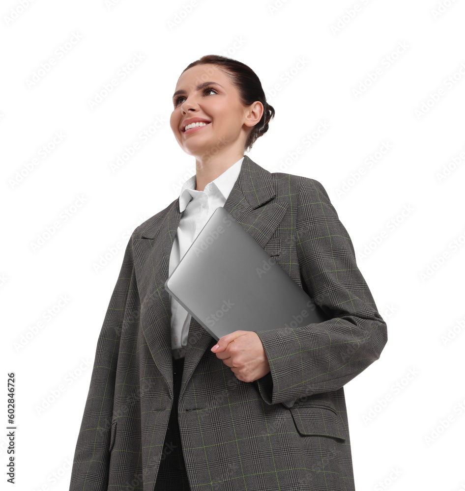 Beautiful businesswoman with laptop on white background, low angle view Beautiful businesswoman with laptop on white background, low angle view