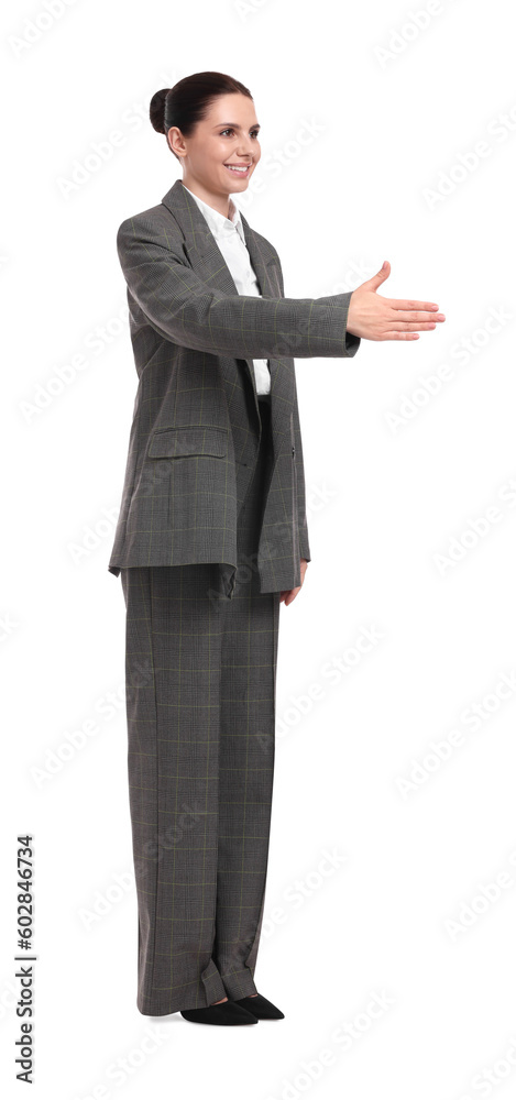 Beautiful happy businesswoman in suit on white background Beautiful happy businesswoman in suit on white background