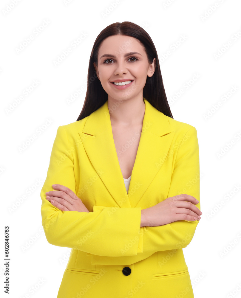 Beautiful happy businesswoman in yellow suit on white background Beautiful happy businesswoman in yellow suit on white background