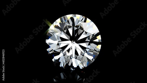 Round brilliant cut diamond rotating on black glossy background. Seamless loop 3d animation