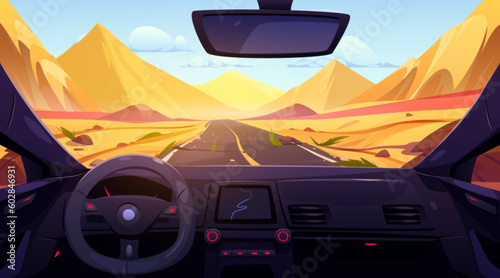 Car road in desert inside driver cockpit view cartoon illustration. Vector african illustration with steering navigation and cabin interior for game. Dry mountain environment landscape from windscreen