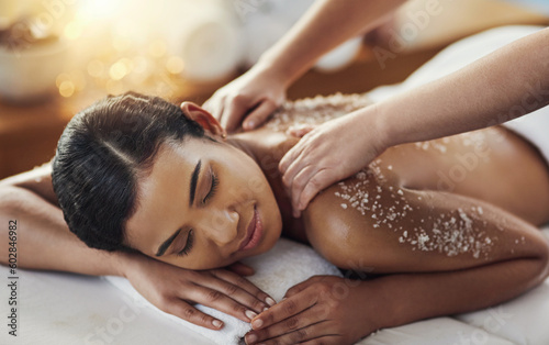 Print op canvas Happy woman, hands and salt scrub in back massage at spa in relax for skincare, exfoliation or body treatment